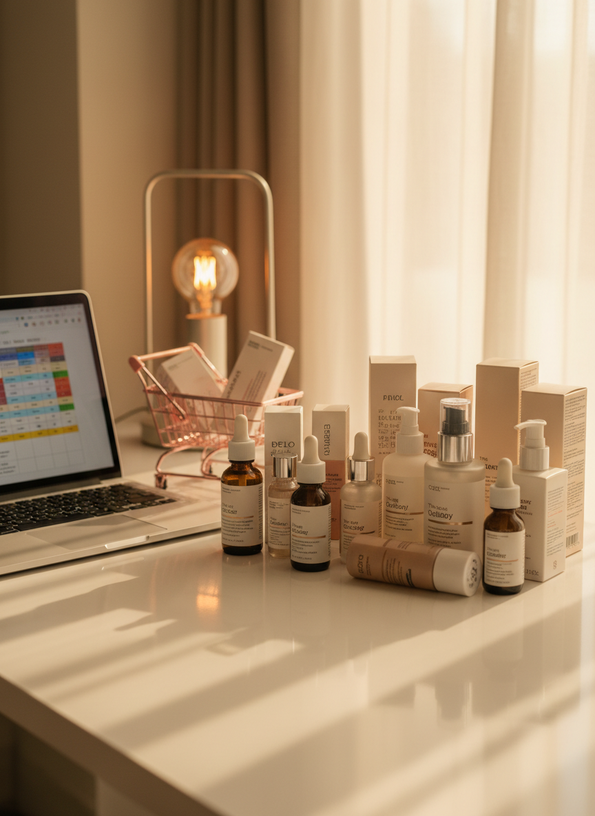 A carefully arranged scene of popular beauty products available in the Philippines, including a mix of local and international skincare brands. Boxes and bottles sit on a glossy, off-white table beside a slim open laptop displaying a blurred comparison chart, and a small shopping basket filled with product cartons, symbolizing buying guides. Late afternoon natural light from a nearby window combines with a subtle warm desk lamp, adding cozy reflections and soft shadows around the items. Captured from a slightly elevated three-quarter angle with moderate depth of field, the nearest products in crisp focus and the laptop gently blurred, the photographic image has a professional, editorial feel that communicates smart, research-based purchasing decisions for Filipino consumers.