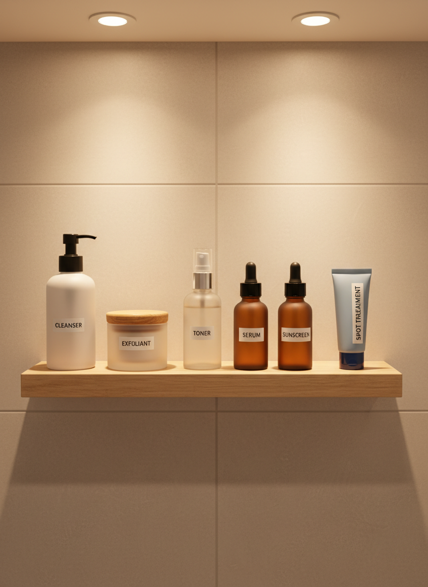 An organized bathroom shelf styled like a professional vanity display, stocked with clearly labeled skincare essentials: cleanser, exfoliant, toner, serum, sunscreen, and spot treatment. The containers range from matte white pumps to frosted amber dropper bottles, each with tidy, legible labels. The shelf is made of light wood against a soft beige tiled wall, evoking a modern Filipino condo bathroom. Warm, diffused overhead lighting casts gentle, uniform illumination without harsh shadows. Photographed straight on with sharp focus from edge to edge, the composition uses symmetrical balance to create a sense of order and clarity. The photographic, editorial style suggests a comprehensive skincare routine guide and rankings resource for readers.