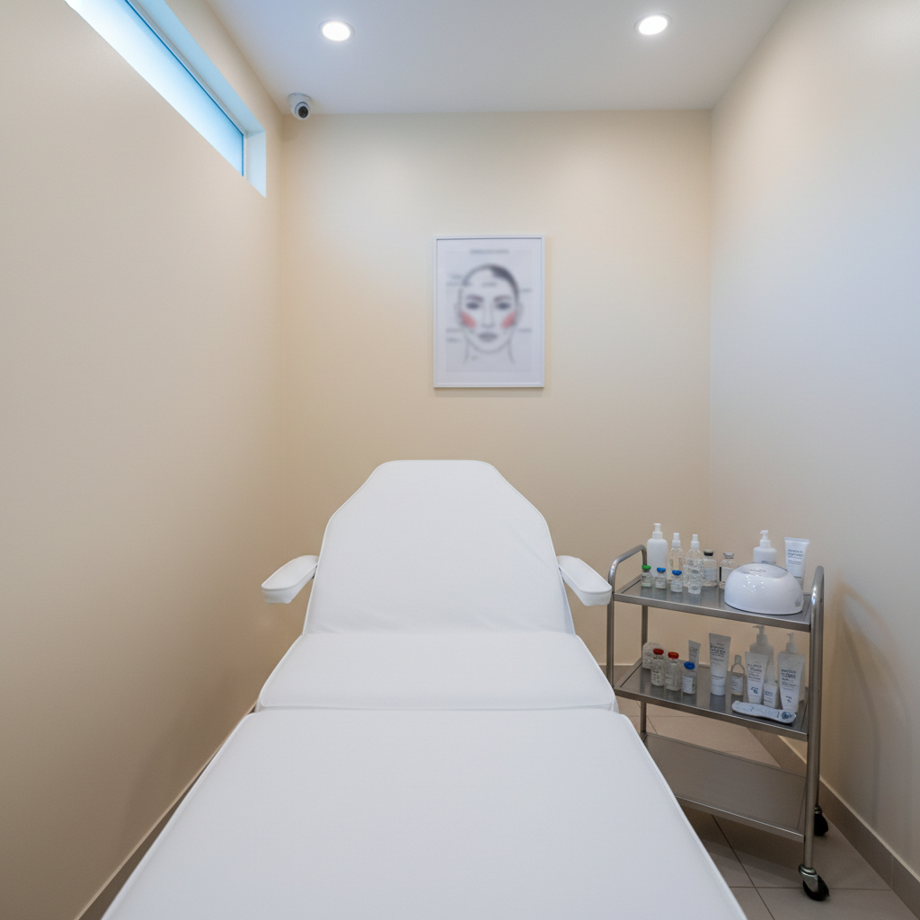 A minimalist treatment room corner representing aesthetic services in the Philippines, featuring a reclining white treatment bed with smooth, clean upholstery beside a compact rolling cart. On the cart, neatly arranged skincare vials, post-treatment creams, and a small, sleek LED therapy device rest on a stainless steel surface. The walls are painted a calming warm white, with a subtle framed diagram of facial zones blurred in the background. Soft, cool-toned overhead lighting blends with faint daylight from a high window, creating an evenly lit, hygienic ambiance. Shot at eye level with a slightly wide frame and photographic realism, the composition uses balanced symmetry to convey safety, professionalism, and objective evaluation of beauty and aesthetic services.