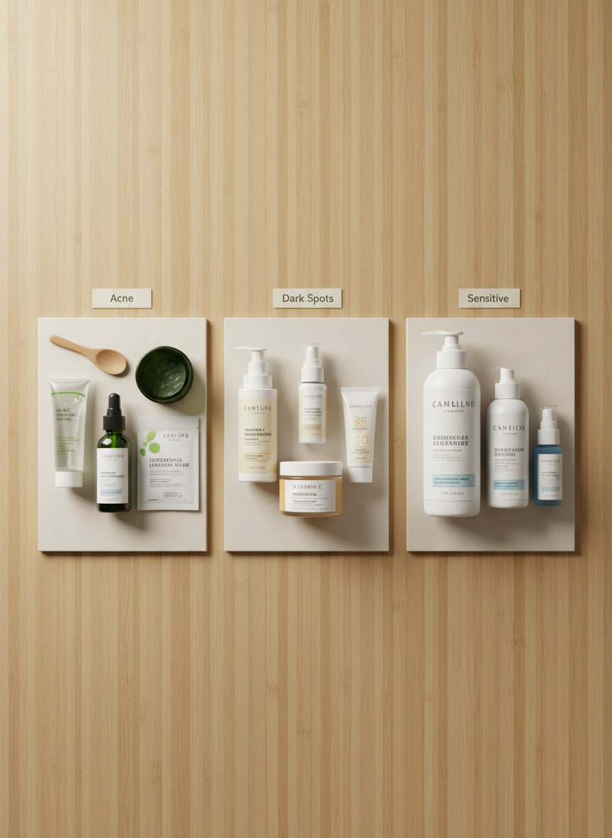 A detailed flat lay of skincare items arranged by specific skin concerns, separated into clearly defined zones on a wide, pale bamboo surface. One area shows acne-focused products like a salicylic acid gel and clay mask, another highlights brightening creams with niacinamide, and a third features soothing, fragrance-free products for sensitive skin. Each zone is subtly outlined by slim, minimalist dividers, with small printed cards reading “Acne,” “Dark Spots,” and “Sensitive.” Soft, even studio lighting eliminates harsh shadows, creating a clinical yet approachable feel. Shot from directly overhead with photographic realism and plenty of negative space, the composition feels like an informative visual chart supporting in-depth Filipino skincare concern guides and product rankings.