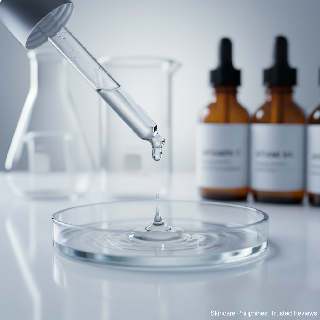 A focused, macro-style shot of a transparent dropper releasing a single, viscous droplet of serum into a clear glass petri dish, symbolizing ingredient-focused skincare reviews. The petri dish rests on a glossy white lab bench surface, with out-of-focus beakers and labeled ingredient bottles—“niacinamide,” “vitamin C,” “AHA/BHA”—in the distant background. Cool, bright studio lighting from above and slightly behind the dropper creates crisp reflections in the liquid and fine, clean-edged shadows. Photographed at a low, close angle with extremely shallow depth of field, the droplet is in razor-sharp focus while everything else softly blurs. The photographic realism and clinical, scientific aesthetic emphasize evidence-based analysis and trustworthy skincare rankings for Filipino readers.