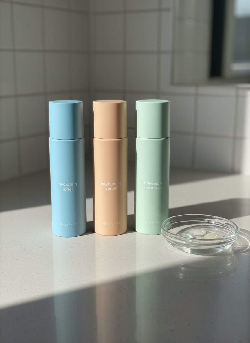 A close-up of three neatly arranged skincare bottles labeled “hydrating toner,” “brightening serum,” and “lightweight moisturizer,” all in sleek, semi-matte pastel packaging suited for oily and combination skin. They are lined up on a smooth, pale stone countertop beside a small transparent dish containing a few drops of product, showcasing texture and clarity. Natural afternoon light enters from a nearby window, creating soft, elongated shadows and subtle highlights on the product labels. The background fades into a gentle bokeh of tiled bathroom walls. Captured at eye level with a shallow depth of field and centered composition, the photographic realism and clean, clinical aesthetic emphasize objective comparison and detailed product reviews.